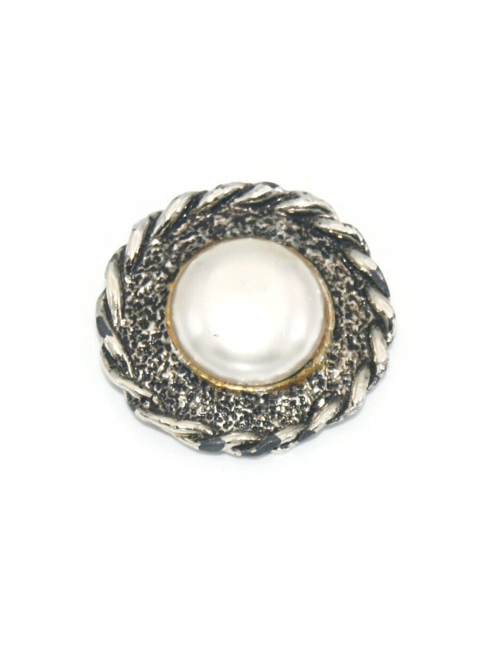 Vintage Silver Tone and Faux Pearl Round Dress Clip.